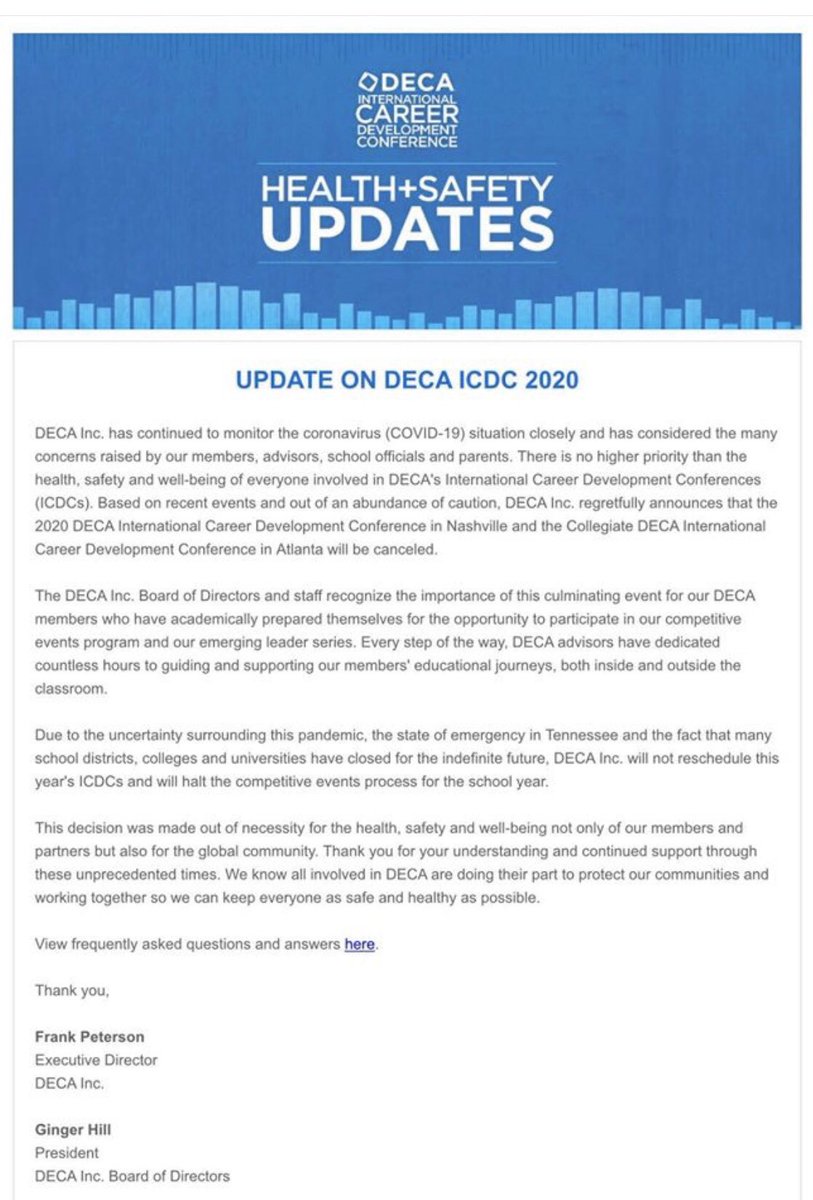 DECA ICDC has been cancelled. My heart breaks for all of my kids who have worked so hard, especially my seniors. <a href="/Olathe21st/">21stCenturyAcademies</a> @OlatheCTE <a href="/OlatheSouthHS/">Olathe South HS</a>