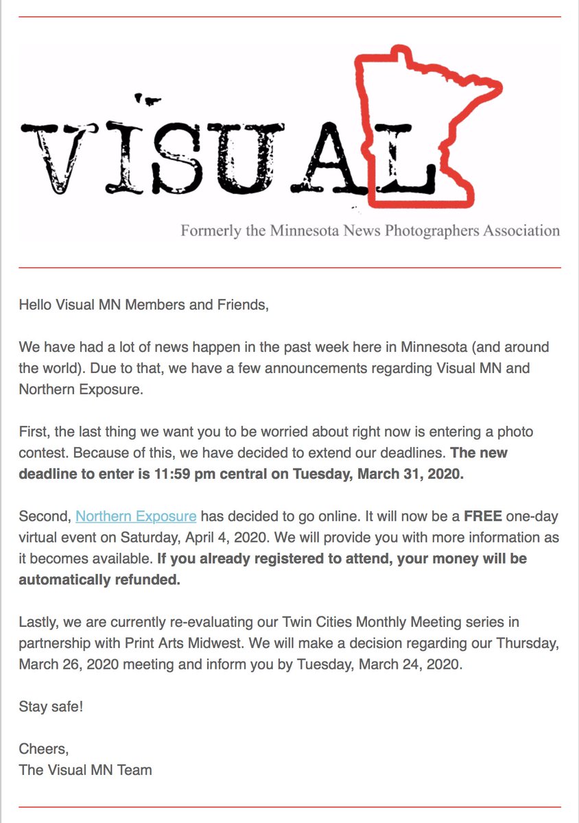 VisualMN's tweet image. A note about the Visual MN Member Contests, @exposure_mn upcoming conference, and our Twin Cities Monthly Meetings.