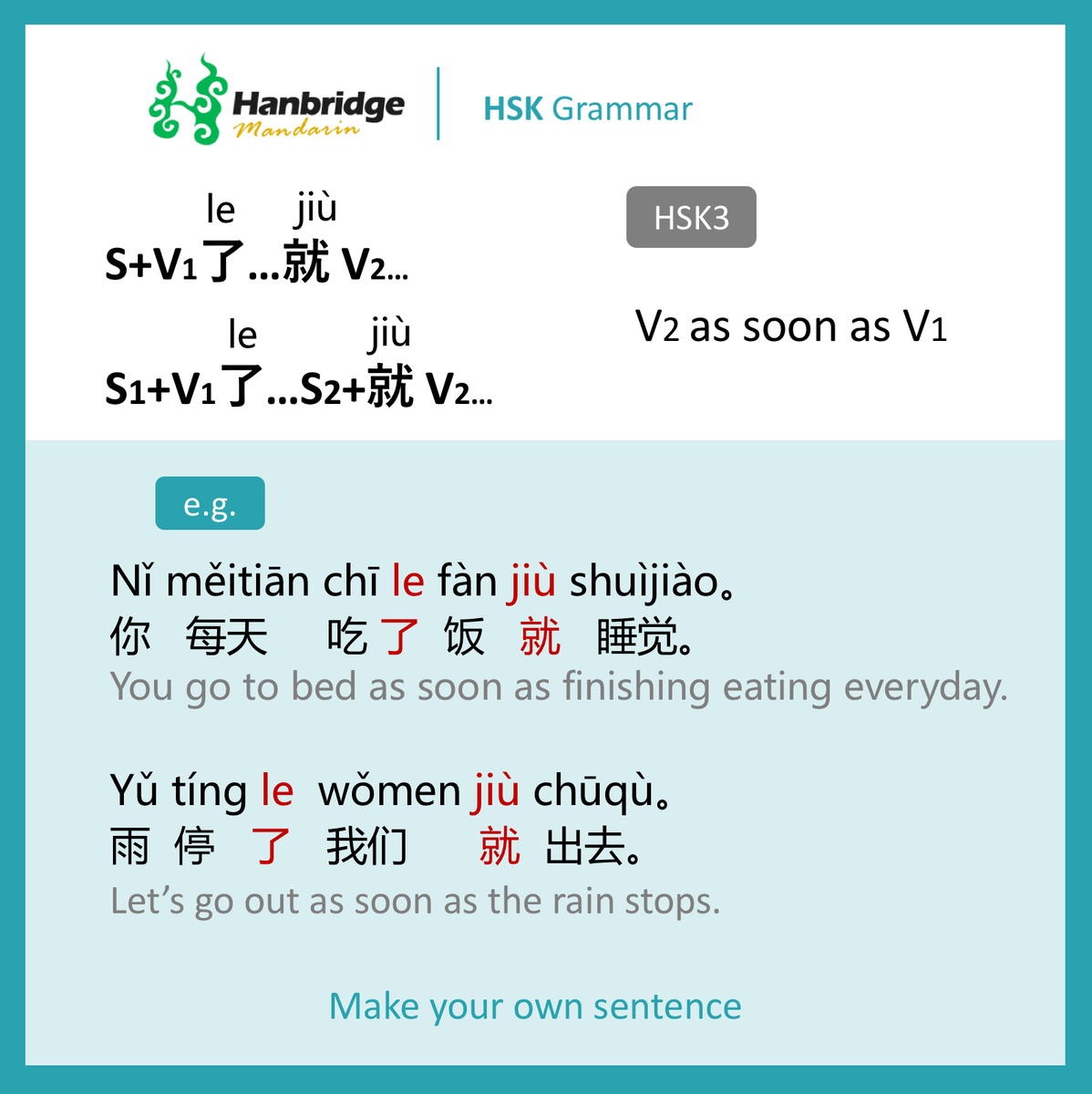 HanbridgeOnline's tweet photo. HSK 3 grammar: sentence structure S+V1了…就 V2… , means V2 as soon as V1
e.g. Nǐ měitiān chī le fàn jiù shuìjiào。 
        你   每天     吃 了  饭   就   睡觉。 
Learn more about HSK grammar: https://t.co/WHv9HwR6TA
#chinese #mandarin #mandarin #chineselanguage https://t.co/L6C4nqLkoW