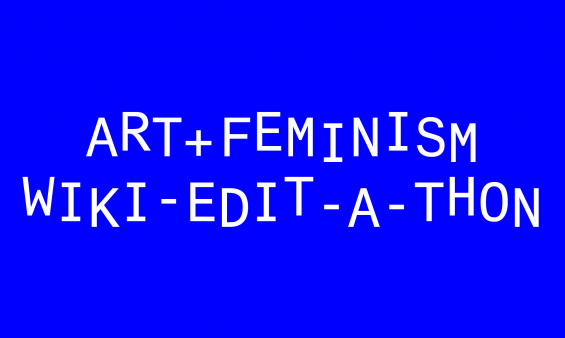 White text on a blue background that reads “Art+Feminism Wiki Edit-A-Thon"