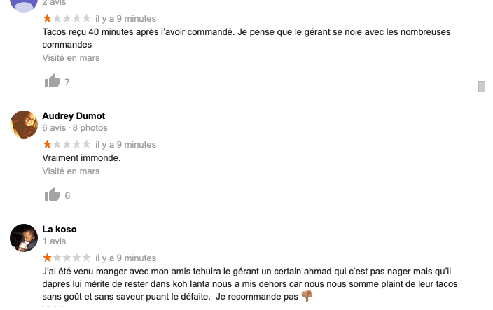 cedricgarrofe's tweet photo. Shitstorm @ahmadkohlanta: le hashtag #KohLanta en top des tendances monde, et maintenant, des internautes ont retrouvé l'adresse du service de tacos du candidat et se vengent en atomisant l'entreprise via les avis Google (certains sont drôles, il faut le reconnaître). https://t.co/u7ry1U99vj
