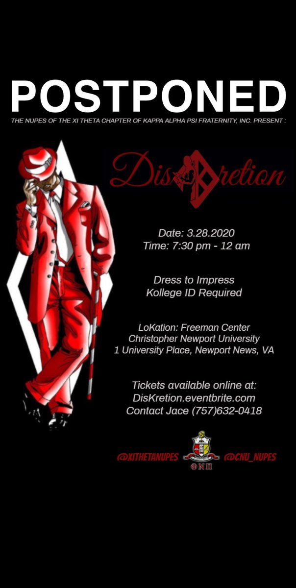 cnu_nupes's tweet photo. Due to the COVID-19 virus pandemic, DisKretion will be postponed until further notice. We will be issuing refunds to everyone who has purchased a ticket for the event beginning Monday. We appreciate everyone’s patience throughout this process. Stay safe everyone. ♦️ https://t.co/zIJIWJqmC4