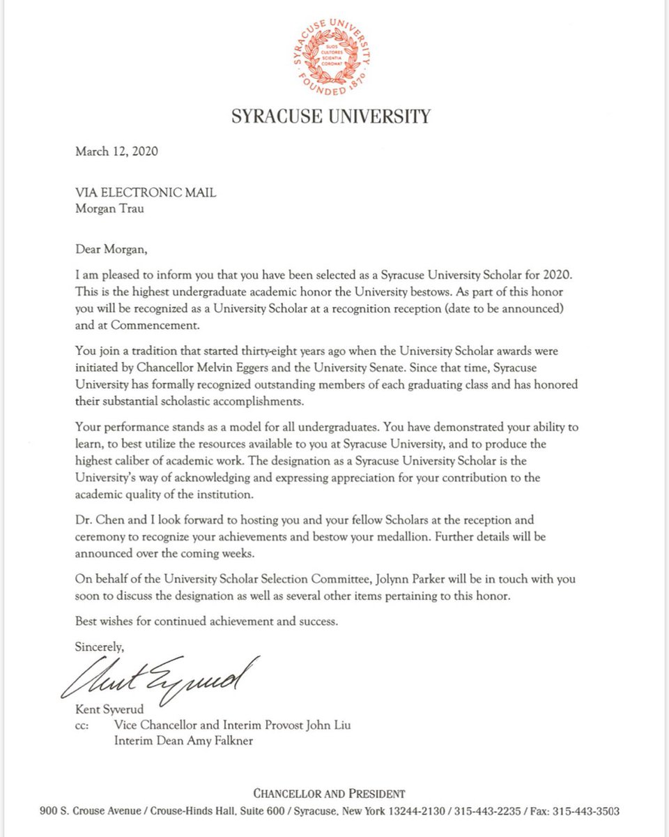 As I left Syracuse today, unsure of when I will be back, I was overwhelmed to find out that I received the prestigious Syracuse University Scholar award. Earning this honor would not have been possible without help and friendship from my mentors and colleagues within Newhouse.