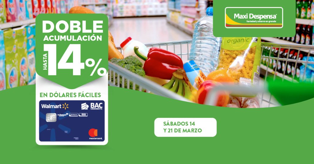 BACCredomaticSV's tweet photo. Haz tus compras de la semana y obtén DOBLE acumulación en #DólaresFáciles al comprar con tu tarjeta #Walmart de #BACCredomatic los sábados 14 y 21 de marzo en cualquier #MaxiDespensa 🛒🥑🍎
Conoce más AQUÍ: https://t.co/SMzhvPb3Zc https://t.co/xB0387uKq8