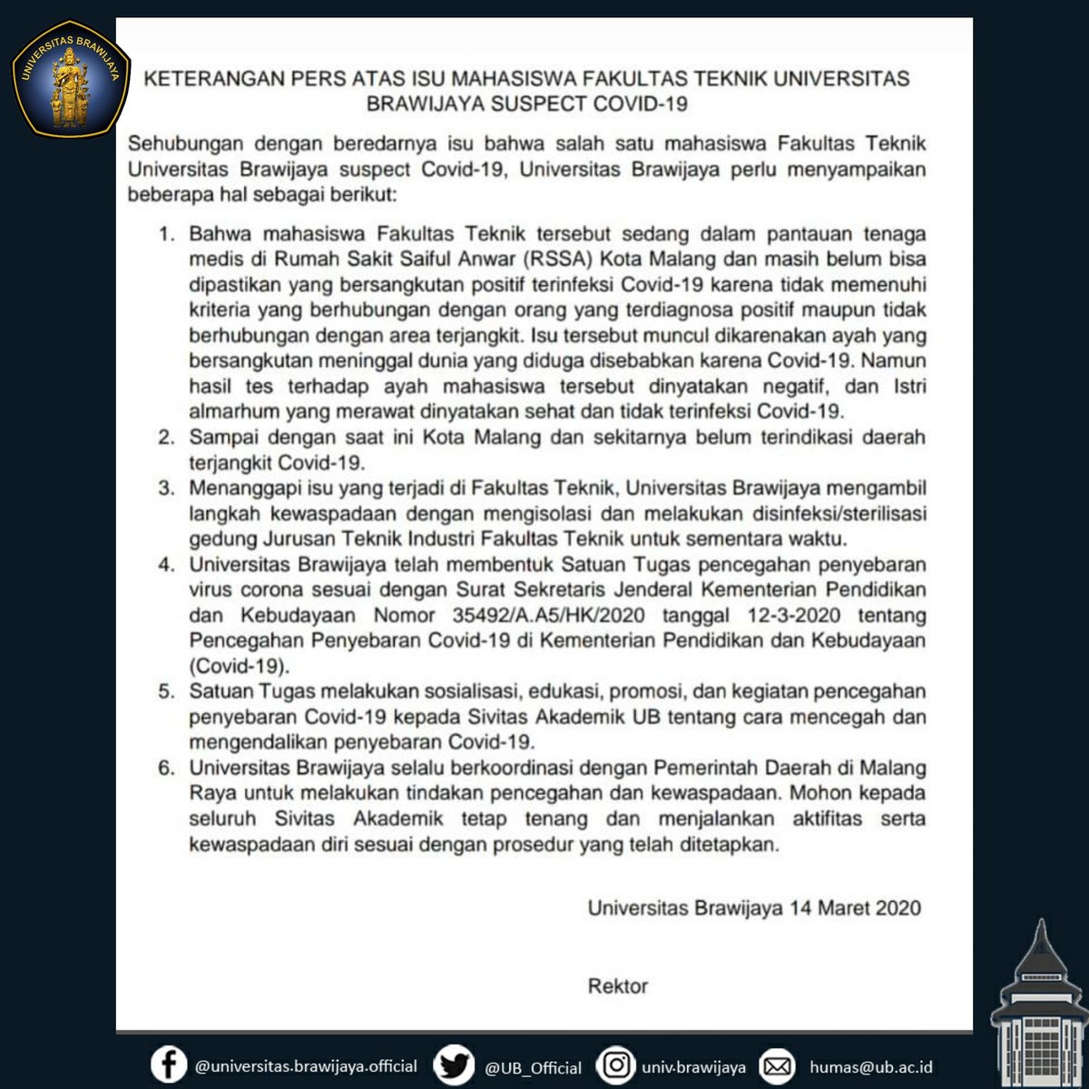 UB_Official's tweet photo. Halo, #TemanUB. Berikut mimin sampaikan siaran pers terkait #TemanUB yang diduga suspect COVID19.

Tetap tenang, tetap waspada. Selalu jaga kesehatan dan kebersihan. https://t.co/7Hm2QczZ9F