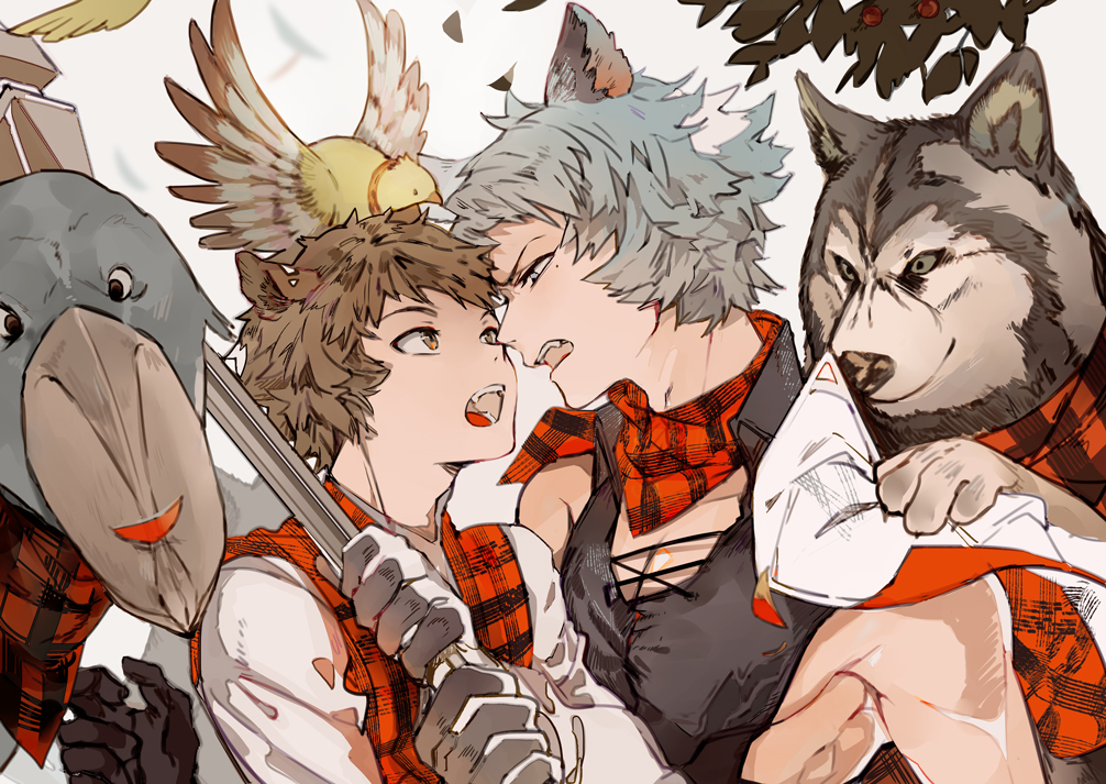 multiple boys animal ears male focus bird 2boys brown hair erune  illustration images