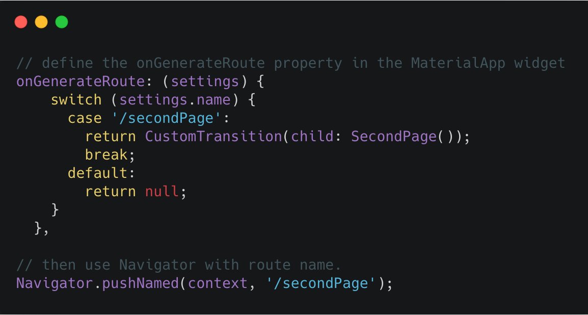 divyanshub024's tweet image. #Flutter #ProTip ๐
You can use custom transitions on named routes by defining onGenerateRoute in MaterialApp widget.
#FlutterTip #flutterdev