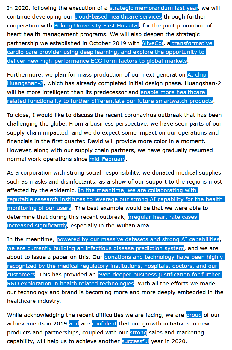favorite parts & sentences of 4Q  $HMI coms: "we are working on such a product [with a body temperature sensor] right now, yes.""currently building an infectious disease prediction system""cloud based healthcare services"Consequence: Huami hasn't sold off at all lately.