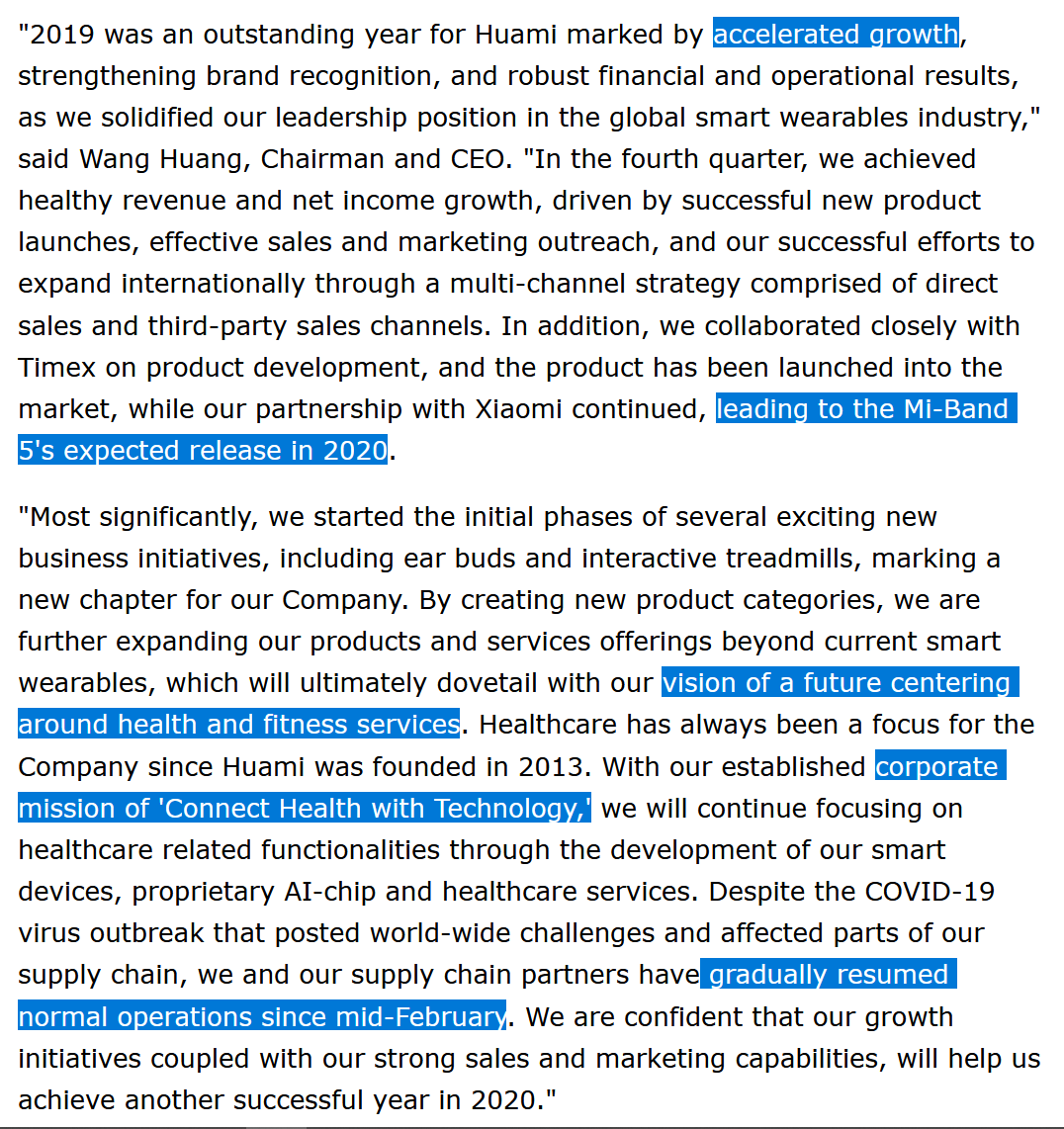 favorite parts & sentences of 4Q  $HMI coms: "we are working on such a product [with a body temperature sensor] right now, yes.""currently building an infectious disease prediction system""cloud based healthcare services"Consequence: Huami hasn't sold off at all lately.