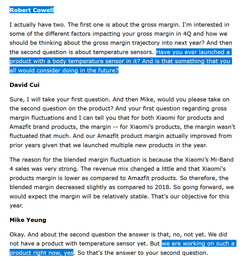 favorite parts & sentences of 4Q  $HMI coms: "we are working on such a product [with a body temperature sensor] right now, yes.""currently building an infectious disease prediction system""cloud based healthcare services"Consequence: Huami hasn't sold off at all lately.