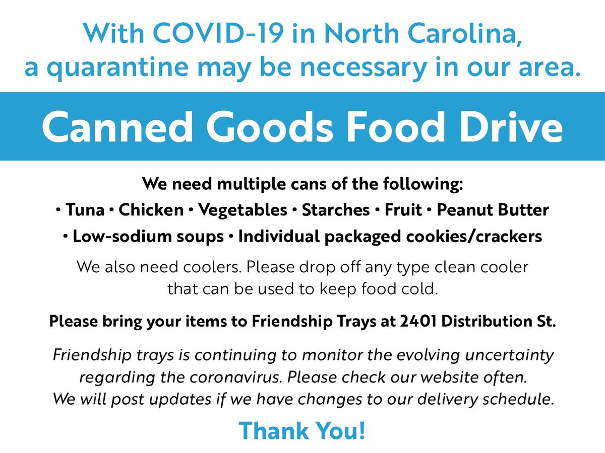 There are many in our community that will need real help in the coming days and weeks. @FriendshipTrays mission since 1976 has been to deliver nutritious meals to elderly or infirm individuals in #Charlotte who are unable to obtain or prepare their own meals. #CLT