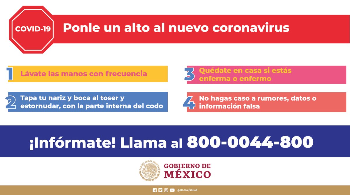 SSalud_mx's tweet photo. El #Coronavirus #COVID19 🦠 es cosa seria. No difundas rumores o información falsa. Infórmate en https://t.co/tMdfK4Hq08 o 📞 al 800-0044-800. https://t.co/cw1VXc6wlw