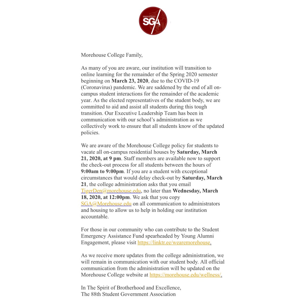 MorehouseSGA's tweet photo. The Indelible Administration’s response to recent events affecting the Student Body https://t.co/5wCMqqo8xL