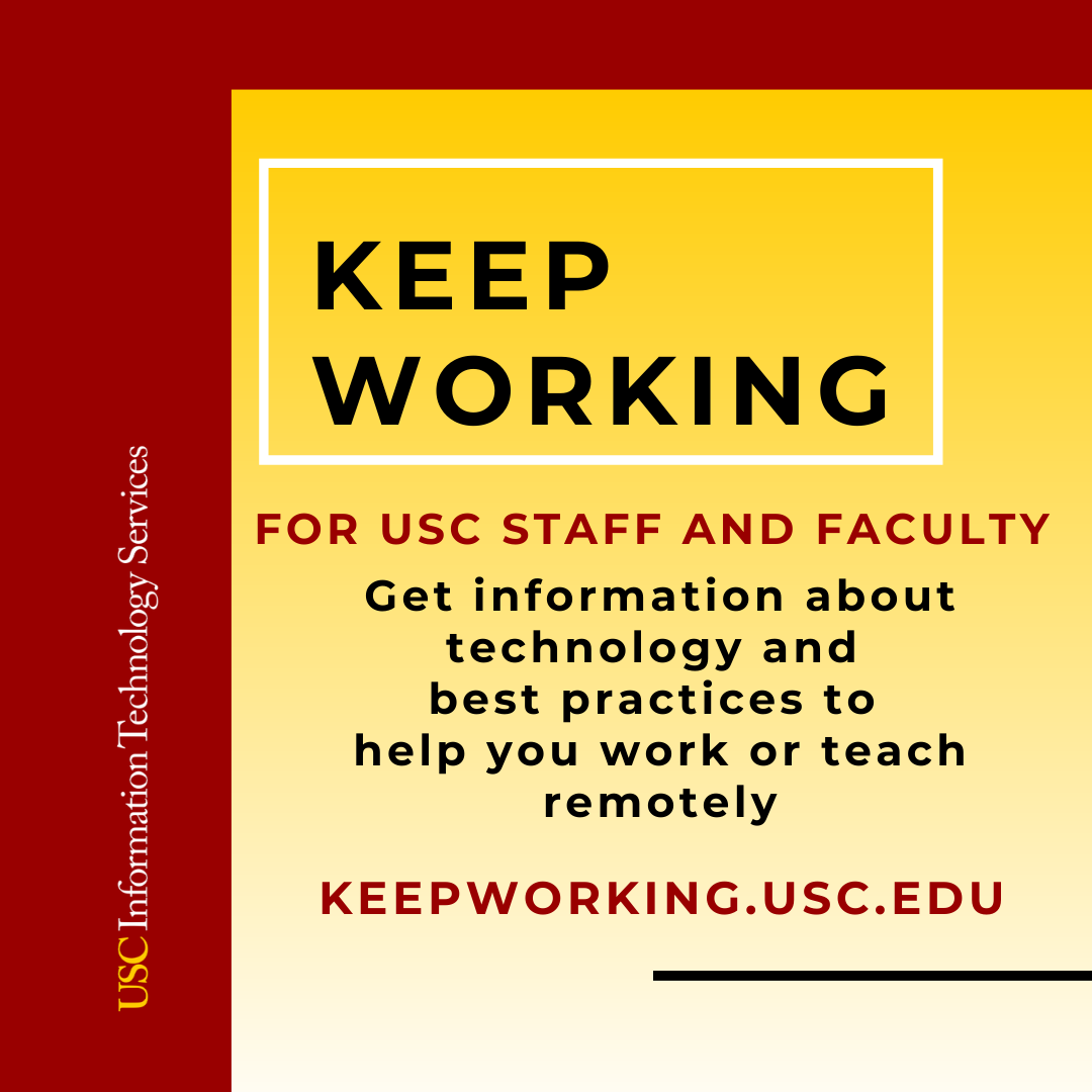 USCITServices's tweet photo. Check out the USC Information Technology Services Keep Working website to get resources and helpful information about Blackboard and Zoom for @USC faculty and students. Visit https://t.co/ktahk6vlfR #uscedu #USC #Trojanfamily #teaching #learning #education https://t.co/2MAFbCIV8x