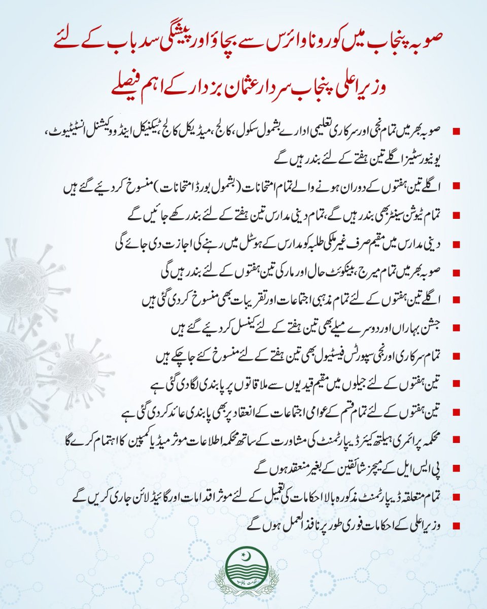 Top_NewsBkr's tweet photo. صوبہ میں کرونا وائرس سے بچاؤ اور پیشگی سدباب کے لئے وزیراعلیٰ پنجاب سردار عثمان بزدار کے اہم فیصلے: https://t.co/AR7hc7ymy6