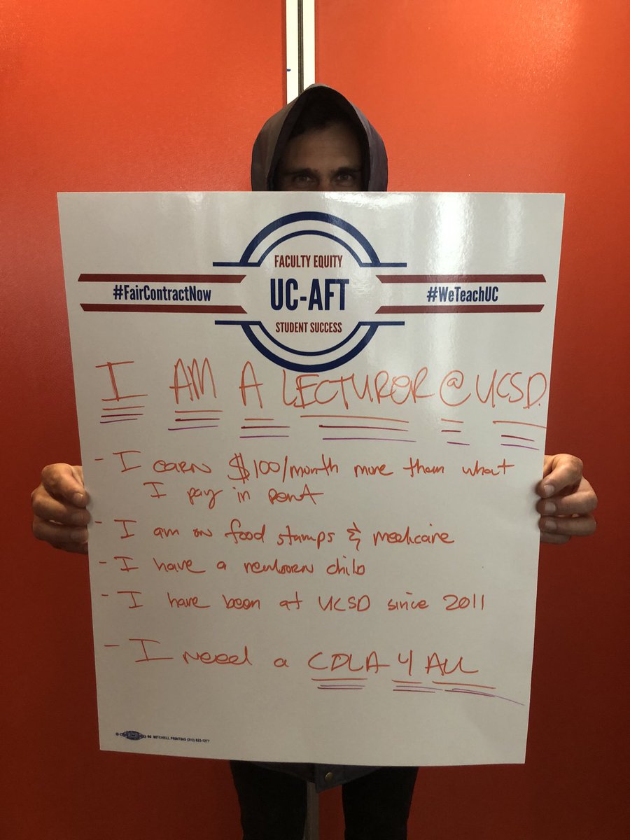 UCAFT_UCSD's tweet photo. I am a lecturer. I earn $100 more than I pay in rent. I am on food stamps and Medicare. I have a newborn. I have been at UCSD since 2011. I need a COLA 4 ALL! #lecturerlife #onshakyground  #weteachUC https://t.co/Ugm5kBCjn3