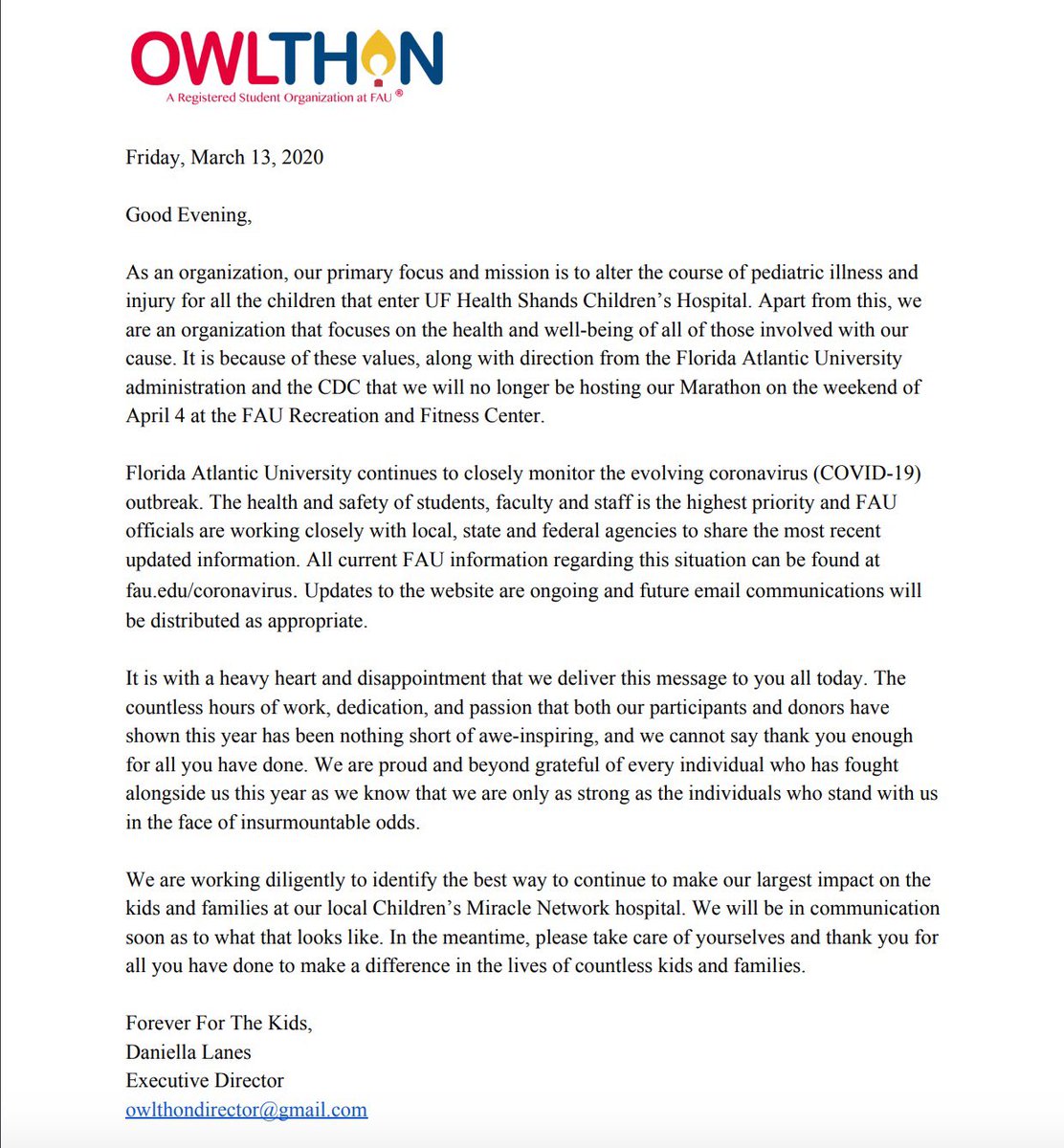 We are devastated to announce the cancellation of our main event this year. Despite the obstacles, we will still find a way to come together for our campus, community, and For The Kids #InThisMoment.