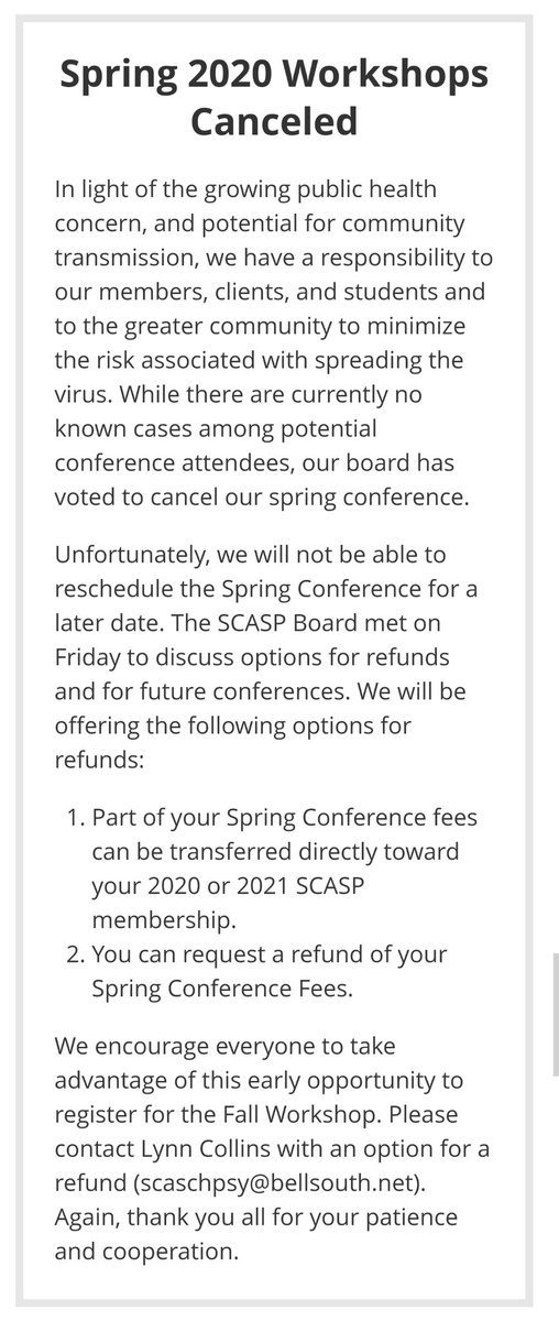 scschoolpsycs's tweet image. We regret to inform our spring conference attendees that we have made the decision to cancel our spring conference. Please visit scaspweb.org for information about refunds.