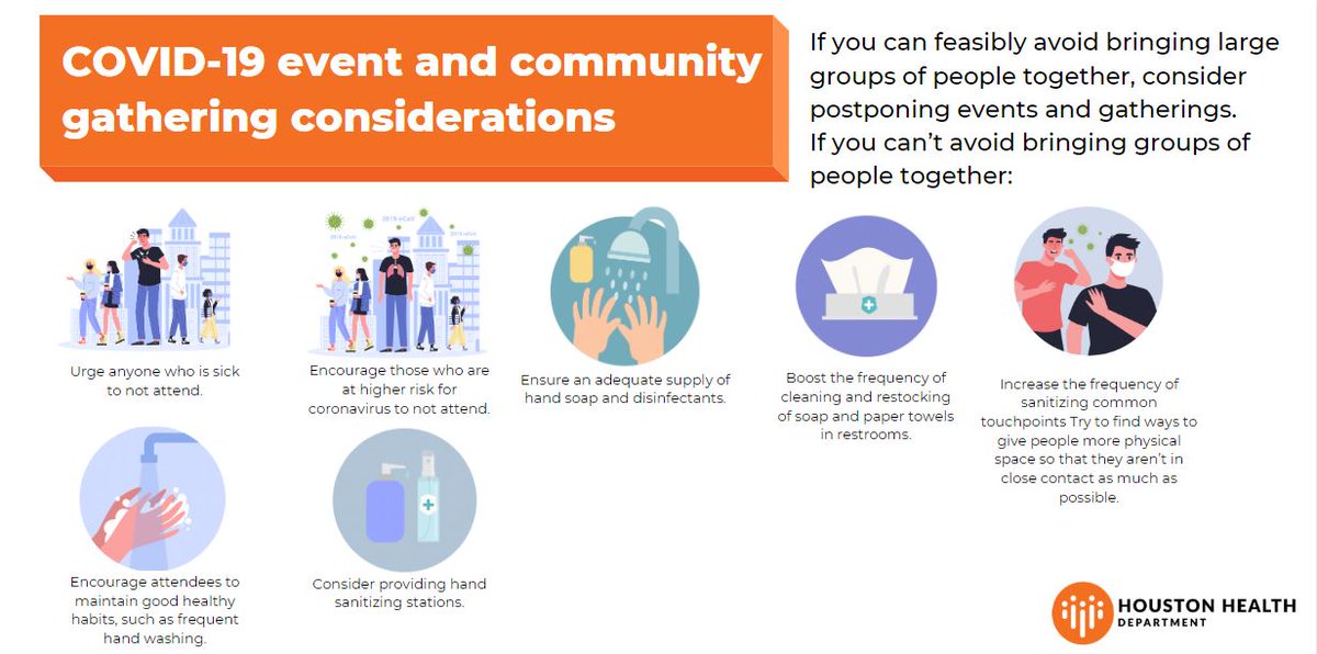 HoustonTX's tweet photo. #CoronaVirusUpdates
#COVID19 Event & community gathering considerations
Avoid large groups of people and consider postponing events & gatherings.
For guidance & other #Covid_19 info in more than a dozen languages visit https://t.co/H6ouLOchRa
@HoustonHealth @HoustonOEM https://t.co/GfGOmY1JRo