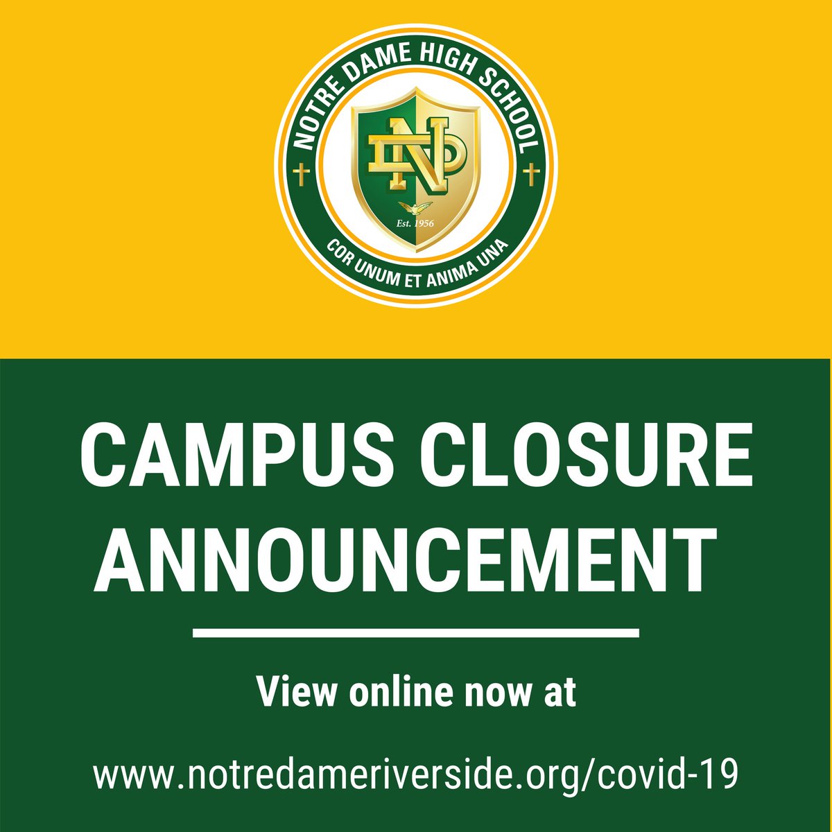 NDHSRiverside's tweet photo. UPDATE: SCHOOL CLOSURE BEGINNING MARCH 16th. *
*
*
*
In compliance with the Riverside Health Office, Notre Dame will close all school buildings starting MARCH 16 2020. Families can follow updates on our website via the link in our bio or at https://t.co/HDBF4tVTLA https://t.co/Z1FCYN7Zx7