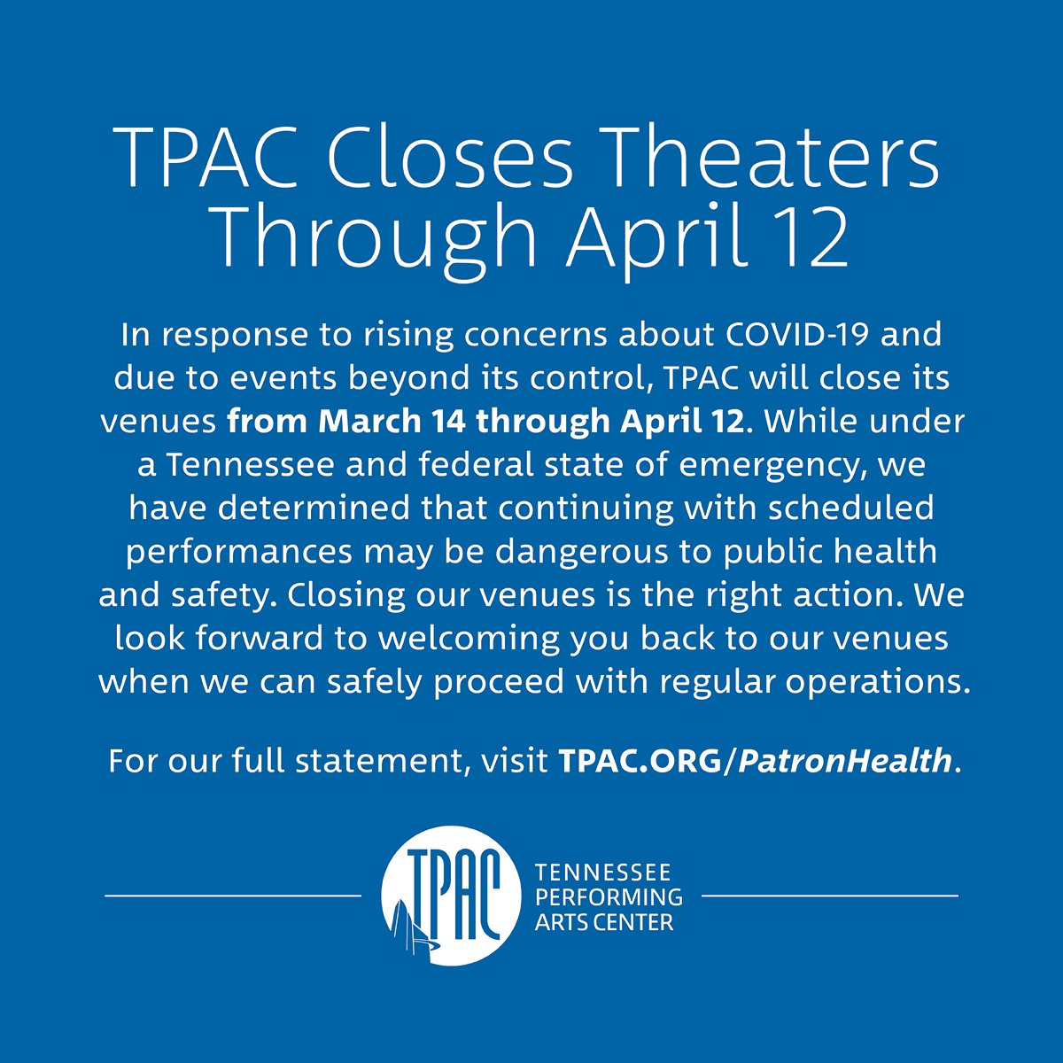Patrons holding tickets for performances from 3/14–4/12 will be contacted by the Box Office on the status of that performance and their options. TPAC is working to reschedule as many of the affected performances and events as possible and asks for patrons’ patience at this time.