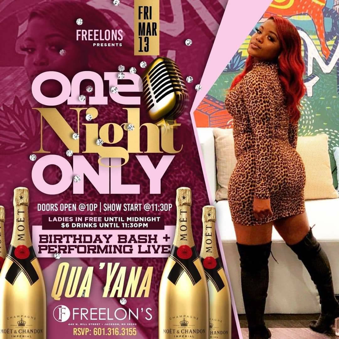 One Night  Only 
Ladies Free Til Midnight
$100 Bottles all Night
Complimentary Bottle of Champagne W/ A party of 6 or more must
RSVP to 769 300 5303