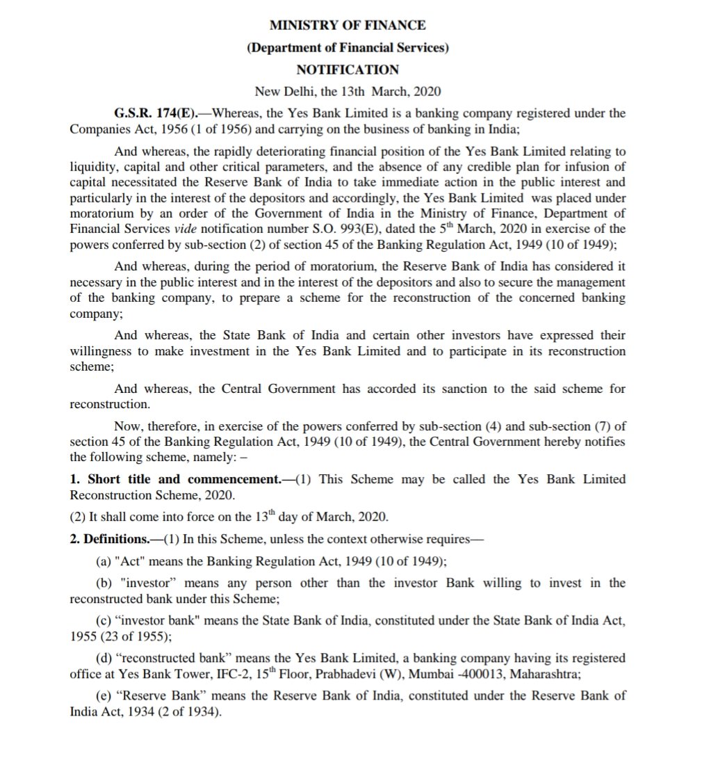 FinMinIndia's tweet photo. Government issue Gazette notification following approval by Union Cabinet "Yes Bank Limited Reconstruction Scheme, 2020"  yesterday.
@nsitharamanoffc @RBI @DFS_India @PIB_India https://t.co/wlGiD1FGX1
