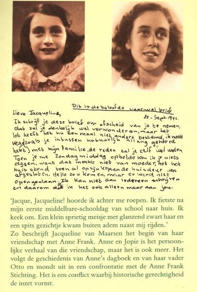 Farewell letter from Anne Frank to her one of her best friends Jacqueline van Maarsen.  Jacqueline was able to avoid the Nazis by virtue of several circumstances that allowed her to remove the J from her ID card. She still lives in Amsterdam. #TCMParty #TheDiaryOfAnneFrank