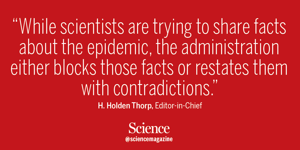 ScienceMagazine's tweet photo. In an editorial, @hholdenthorp emphasizes that for science to be best equipped to serve people "on demand” —such as developing a #coronavirus vaccine on a rapid timeline — science must be respected and experts allowed to communicate. https://t.co/vvf41KmY0D https://t.co/0pI4rgMmWg