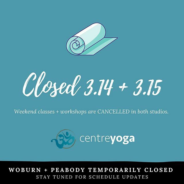 CentreStudios's tweet photo. Centre Yoga Studios in #Peabody and #Woburn will be CLOSED this weekend. 👉 Please check link in bio for studio re-open updates. Thank you for your patience and support during this challenging time. 🙏🏼✨ https://t.co/eushb9tFUv Centre Yoga Studios in #Peabody and #Woburn will… https://t.co/0C0VlHwy7j