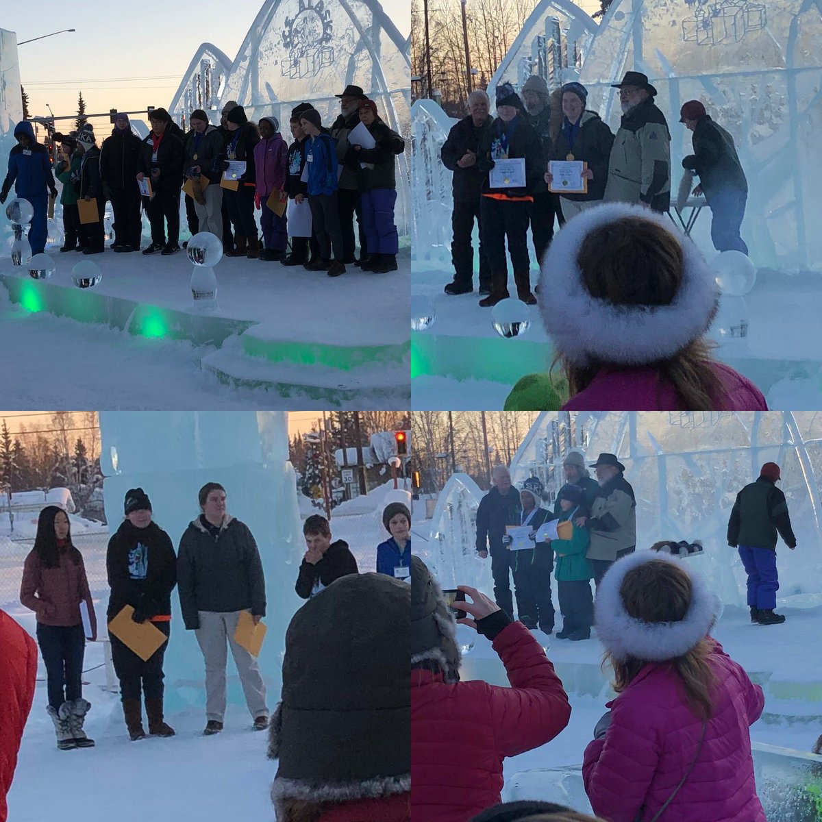 chapin1971's tweet photo. The Youth Classic carvers and winners.  Great job with the ice sculptures!  @icealaska #icealaska #icesculpture https://t.co/SNoy914Gbn