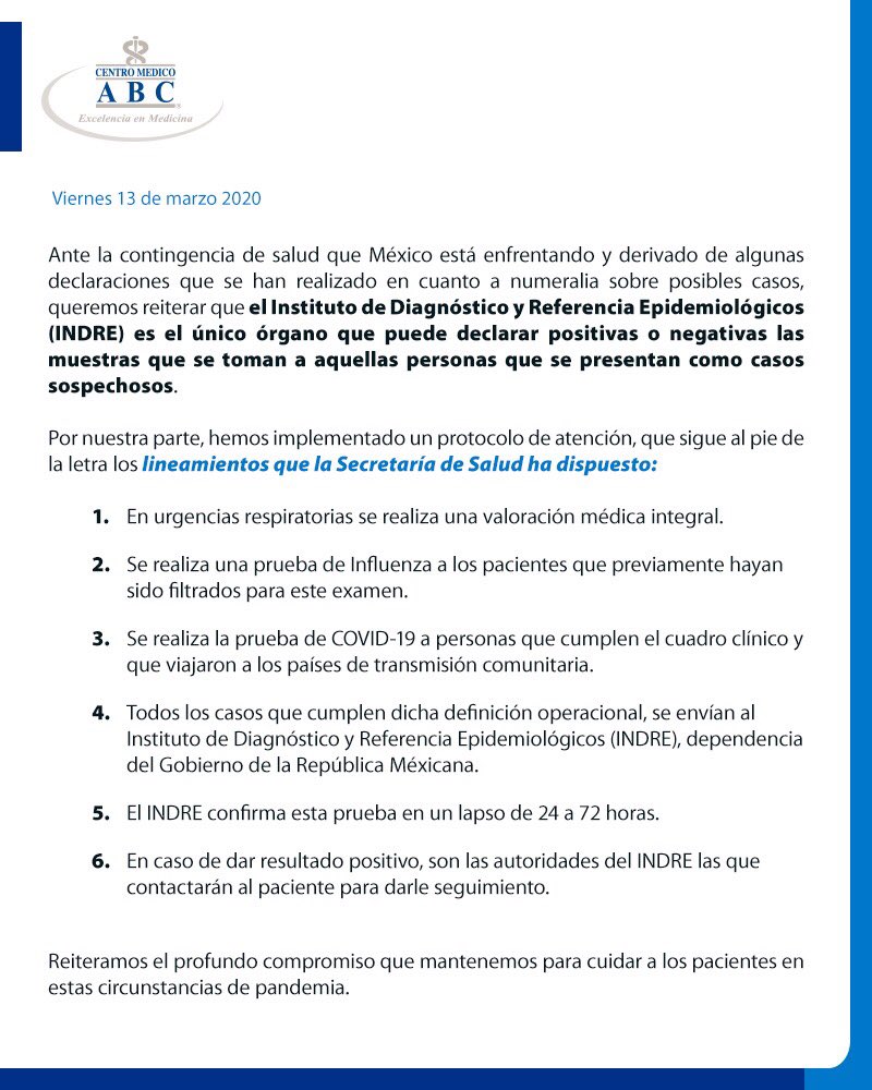 Ante la contingencia de salud que México está enfrentando y derivado de algunas declaraciones que se han realizado en cuanto a numeralia sobre posibles casos, queremos reiterar lo siguiente: