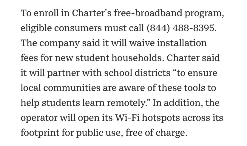 PLEASE RETWEET &amp; SHARE...

Spectrum to offer free broadband Wi-Fi for homes with K-12, college students. 

To enroll in Charter’s free-broadband program, eligible consumers must call (844) 488-8395.

#WeAreJCPS #FRYSCfam #JCPS
