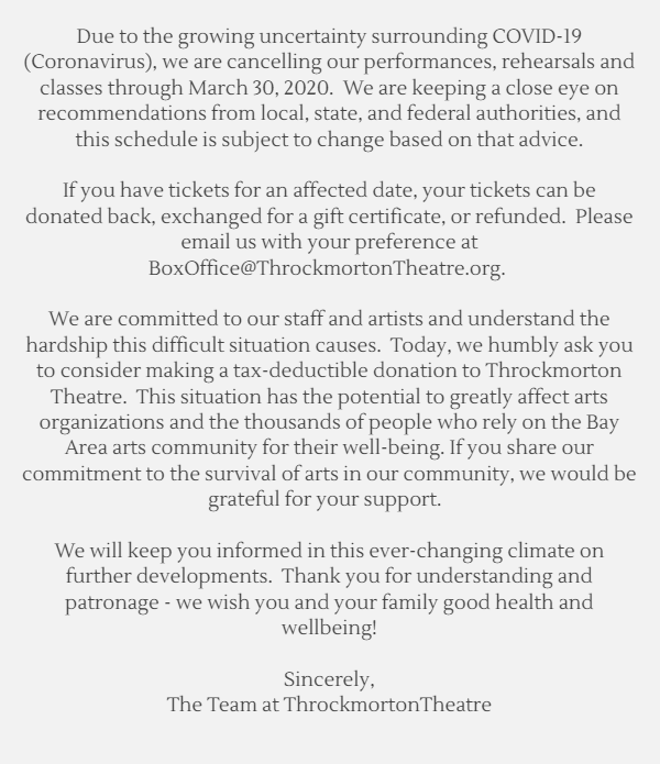Important Update Regarding COVID-19 and Cancellations/Closures.

Please Consider Donating-
throckmortontheatre.org/donate/