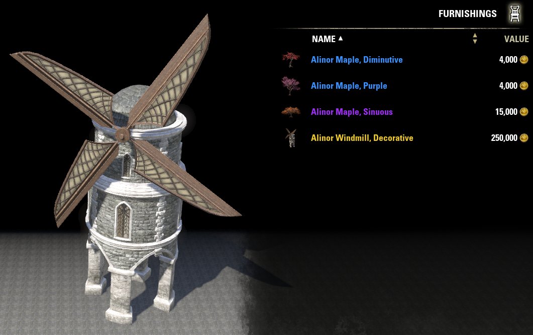 JHartEllis's tweet photo. More fun #ESO luxury furnishings this weekend!

Giving away a Purple Alinor Maple to the first 150 PC peeps that comment (let me know if NA or EU or if spelling is different).

PLUS, giving away an humongous Alinor Windmill to someone that RTs. :)

Closes March 16, 1pm ET https://t.co/Xlj85K1nbg