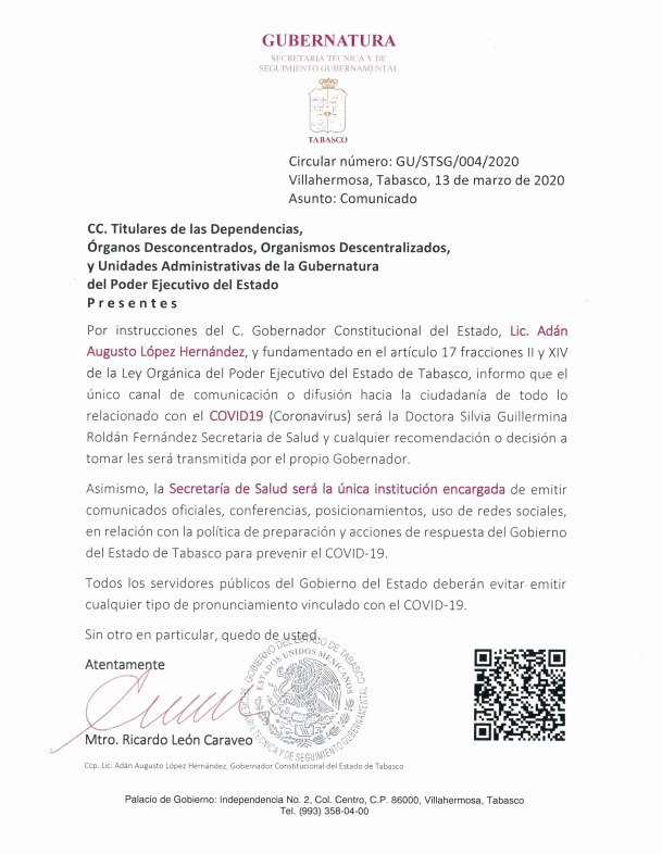 TabascoHOY's tweet photo. #TomaNota
El @Gobierno_Tab informa que los comunicados oficiales en lo relacionado al #coronavirus en el estado, serán emitidos solo por la titular de la Secretaría de Salud, Silvia Guillermina Roldán, y el mandatario @adan_augusto. https://t.co/gj37ur1adW