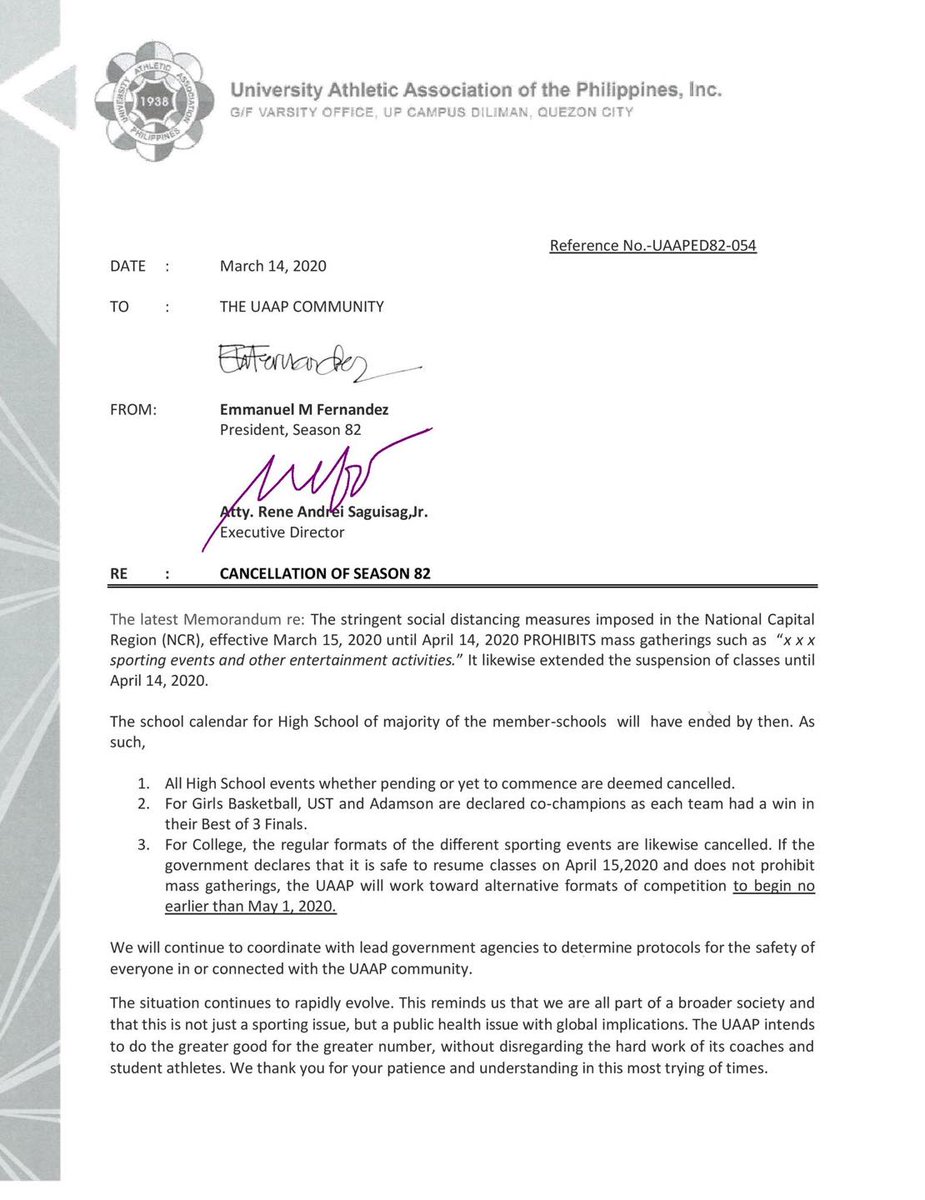 TheGUIDONSports's tweet image. JUST IN: The UAAP has announced the tentative cancellation of the remaining tournaments in Season 82.