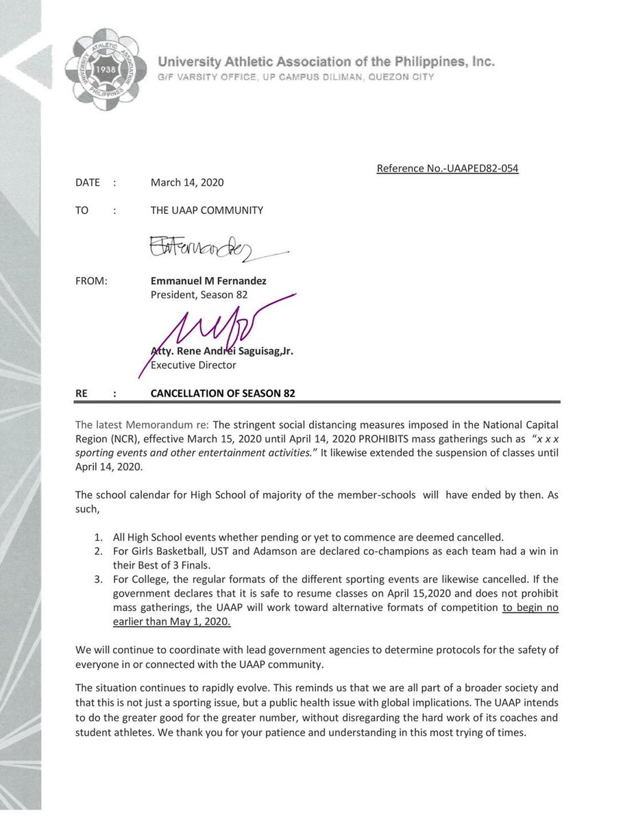 JUST IN: The UAAP has announced the tentative cancellation of the remaining tournaments in Season 82.