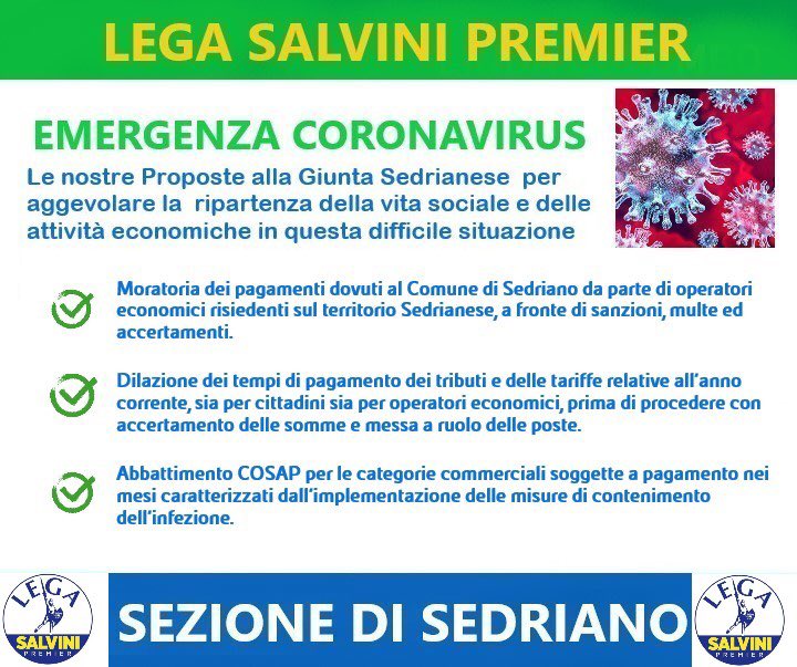 LegaSedriano's tweet photo. #coronavirus Le nostre proposte alla giunta di #Sedriano  per agevolare la ripartenza sociale ed economica in questo difficile momento .
#legasedriano #sedriano https://t.co/y2RKkCWOFY