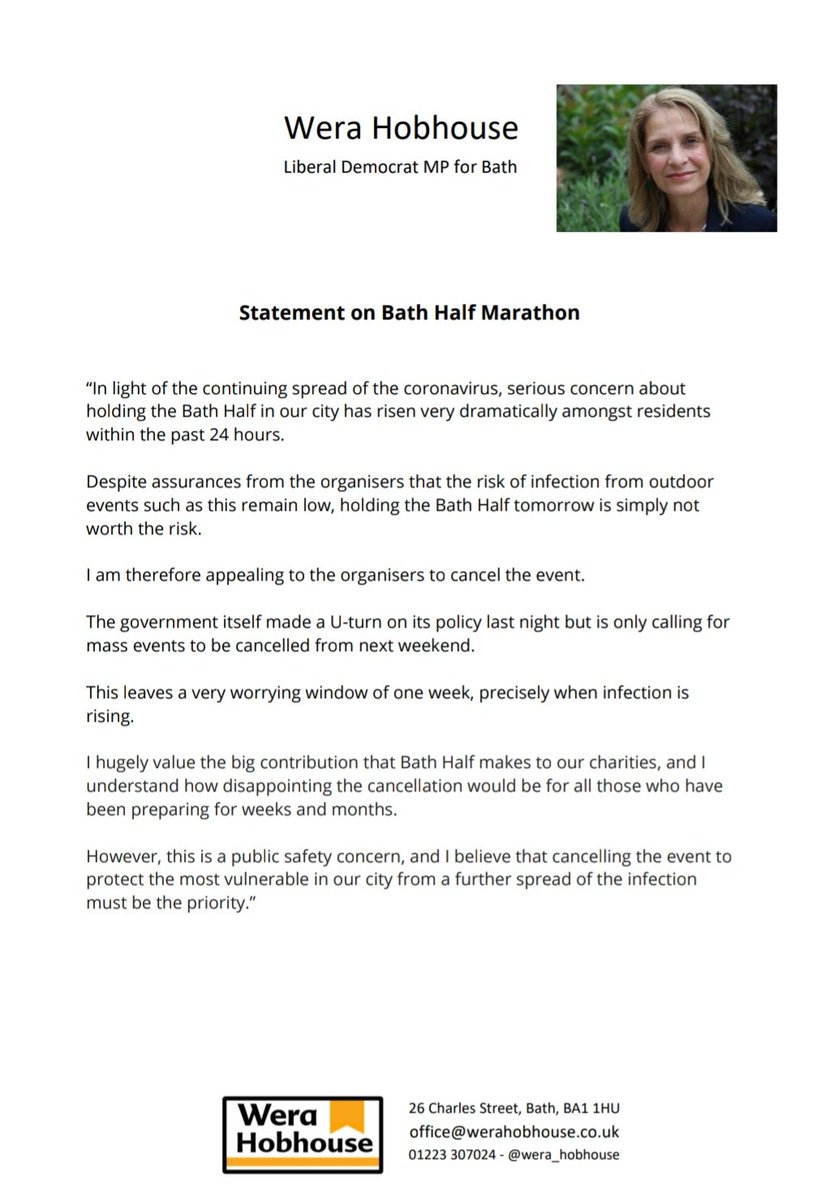 The Bath Half Marathon should not go ahead tomorrow. Here's my full statement: