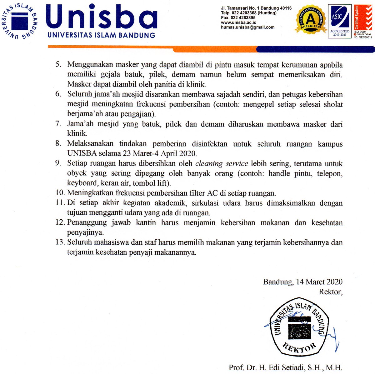 Surat Edaran Perihal Pencegahan Penularan COVID-19