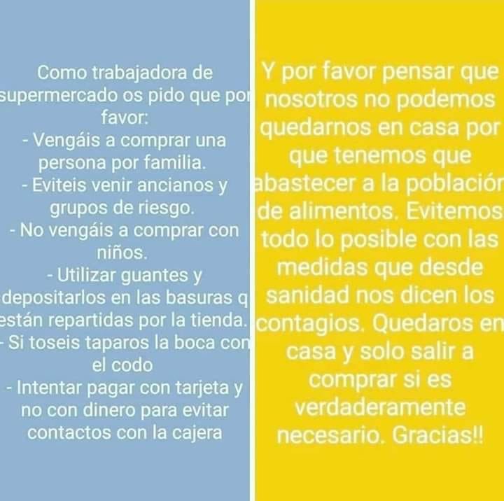 Hoy todo mi apoyo a las personas que trabajan en supermercados ,que están haciendo un esfuerzo enorme y hasta ampliando sus horas para que tengamos todo lo necesario,pero por favor no seamos agonias y vayamos por lo necesario,que tenemos abastecimiento asegurado #YoMeQuedoEnCasa