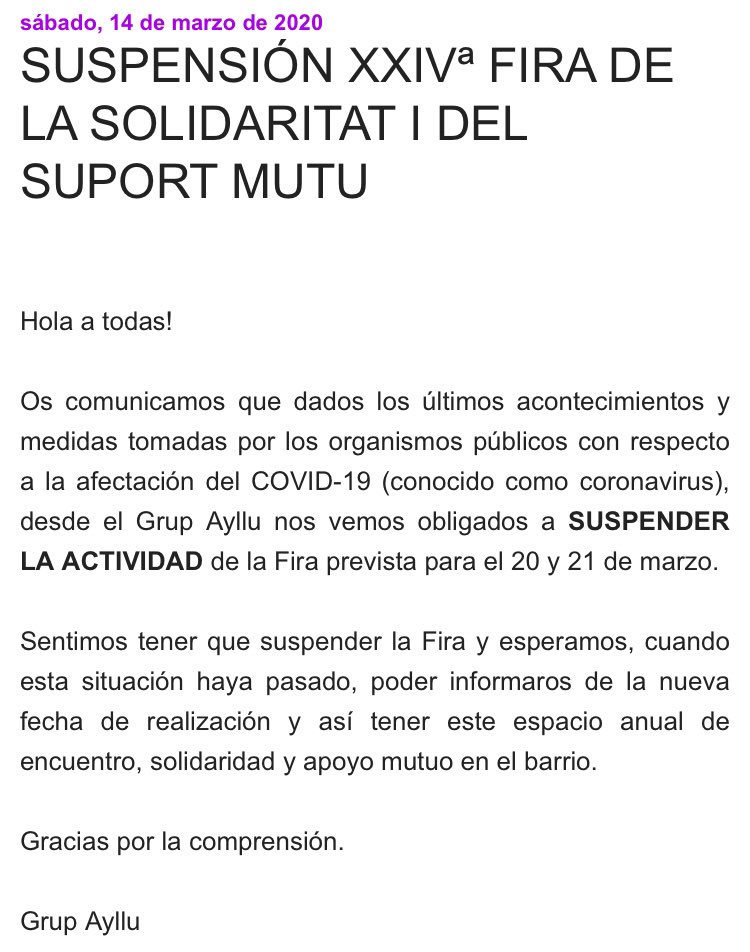 SUSPENSIÓN XXIVª FIRA DE LA SOLIDARITAT I DEL SUPORT MUTU