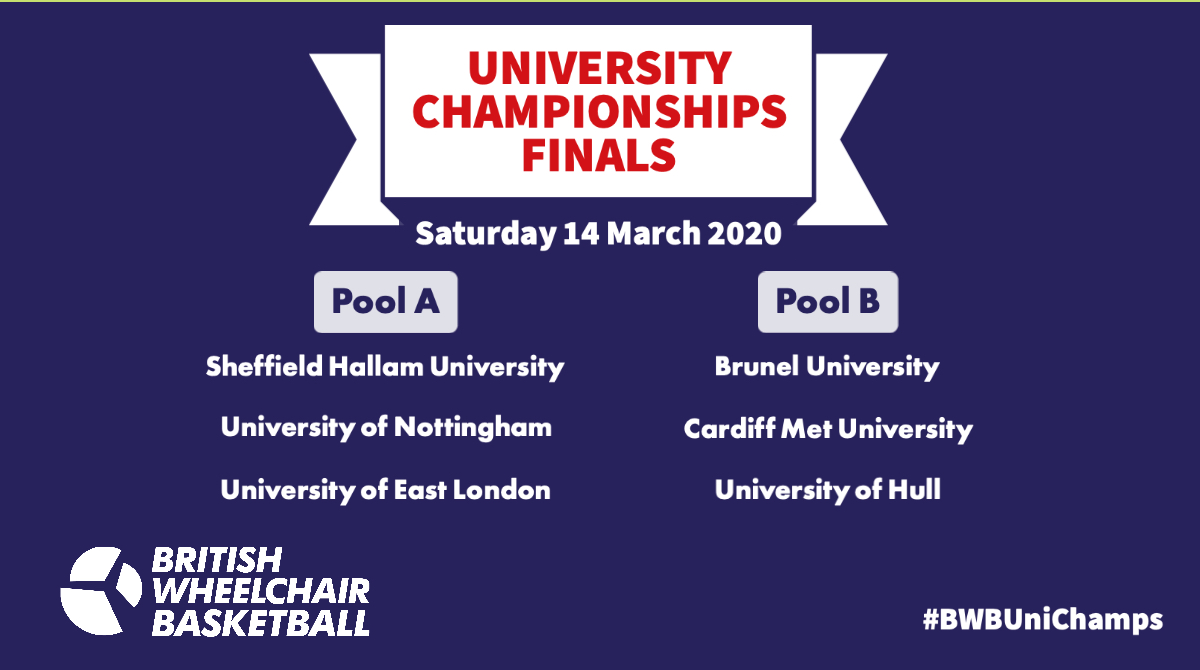🏀 The first games of #BWBUniChamps are underway!

Court 1⃣: <a href="/hallamwb/">Sheffield Hallam Wheelchair Basketball</a> v <a href="/UoN_WBB/">UoN WheelBBall</a> 

Court 2⃣: <a href="/BrunelWC_BB/">Brunel Wheelchair Basketball</a> v @ArchersWB 

📱💻Keep up-to-date via social media and the competition page 👉 bit.ly/2U6vCG9

#TogetherWeAreBritishWheelchairBasketball