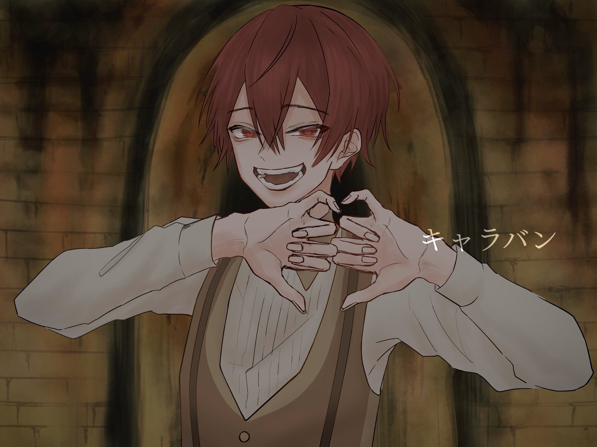 1boy male focus solo red eyes red hair heart hands smile  illustration images