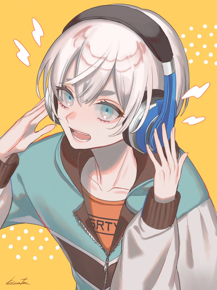 headphones solo yellow background jacket blue eyes 1boy open mouth  illustration images