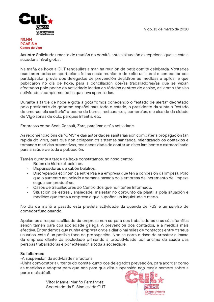 cutcitroen's tweet photo. Insistimos, RESPONSABILIDADE en PSA Citroen Vigo polo Coronavirus. 
Paralización da actividade ! https://t.co/eMdV4AIUKN