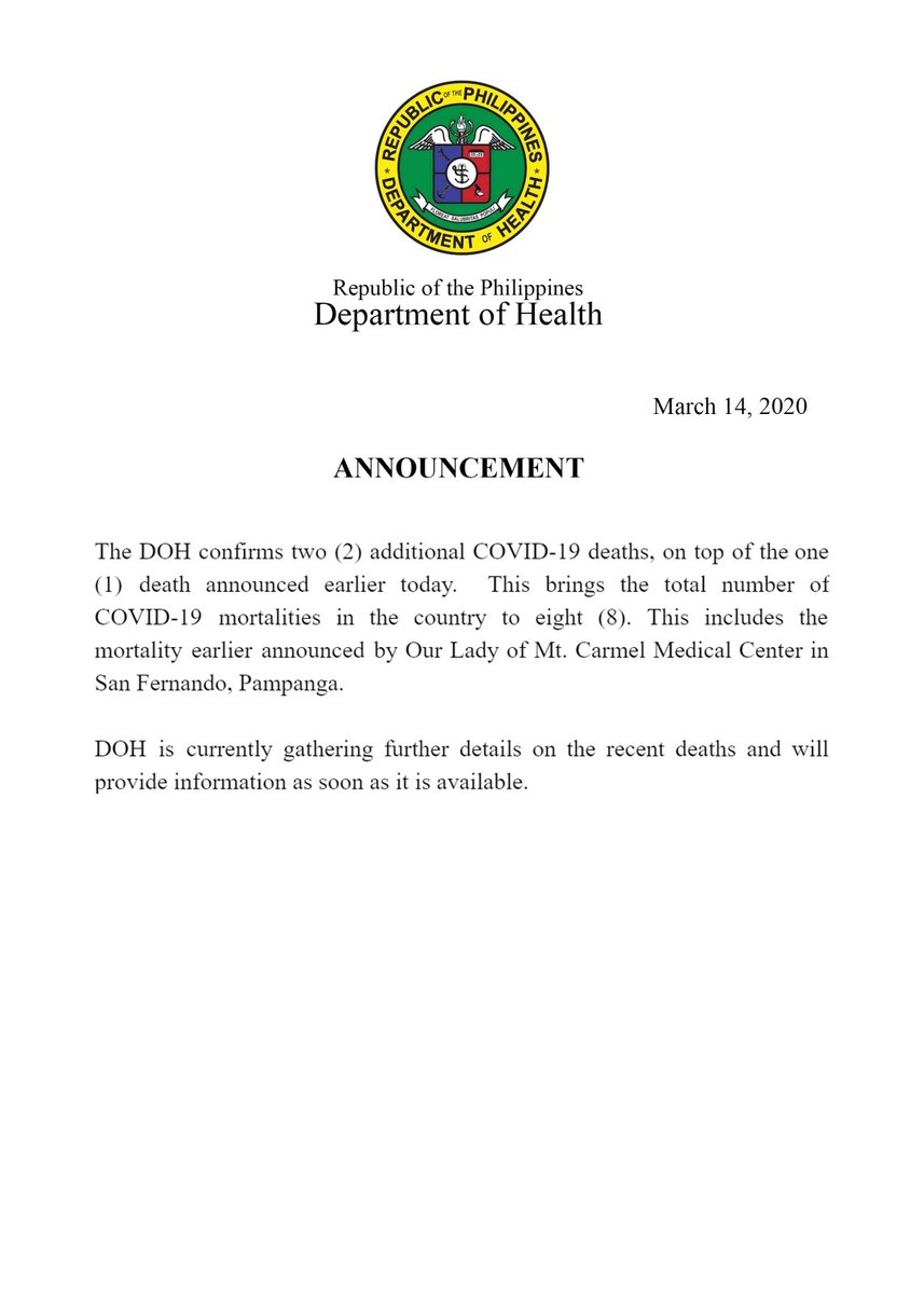 DOHgovph's tweet image. BREAKING: DOH confirms 2 more deaths due to COVID-19, on top of the 1 death confirmed earlier today.

DOH will provide further details as soon as it is available.