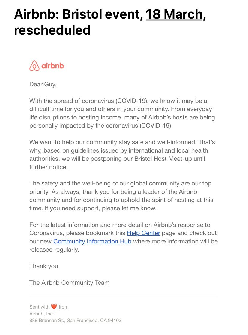 GuySpedding's tweet photo. @AirbnbHelp Funny how AirBnB penalises me for mutually agreeing to cancel a reservation with a host due to #cv19 but it’s OK for them to cancel an event in my area #airbnb #airbnbhelp https://t.co/CgeZ5BQFRK
