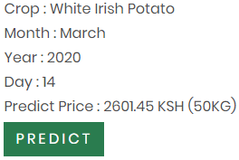 Farmula_'s tweet photo. Sat. 14th Mar. 
Shangi Potatoes 🥔 50kg extended 
NRB 🇰🇪

- Market price: Ksh 2700
- Farmula predicted price: Ksh 2601.45 
- Percentage error: 3.65%

You can test our predictor here https://t.co/OUqs4rEg3b

#Farmula #Nairobi #Agritech https://t.co/yG8OjfIvuy